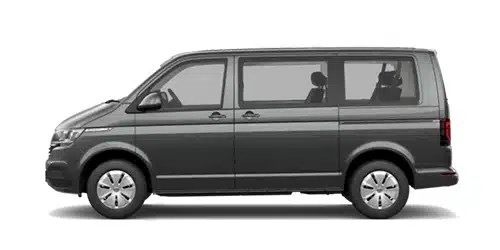 Seitenansicht eines grauen VW Caravelle, der für eine Spritztour in Siegen, zu gutem Auto Preis zum Mieten zur Verfügung steht.