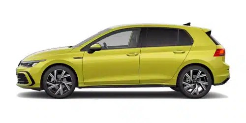 Seitenansicht eines gelben VW Golfs, der zu gutem Auto Preis über 57Mobil zum Mieten angefragt werden kann.